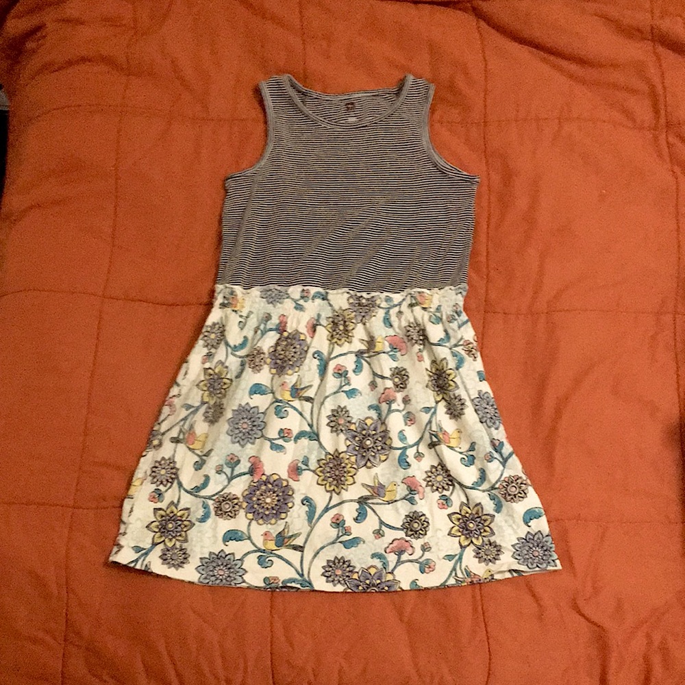 TEA COLLECTION size 12 kids dress, striped and floral with birds.